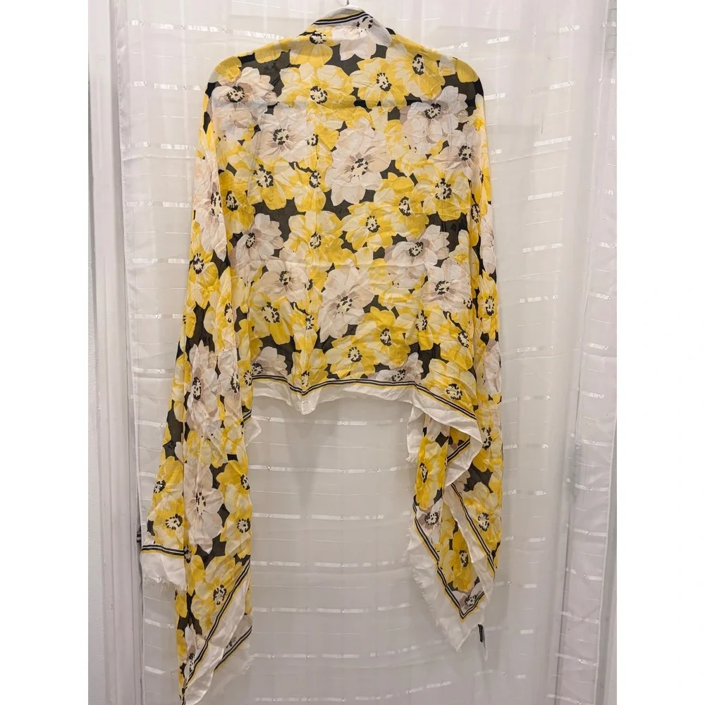 Talbots Yellow Floral Modal Silk Blend Oversized Wrap Scarf Eyelash Fringe